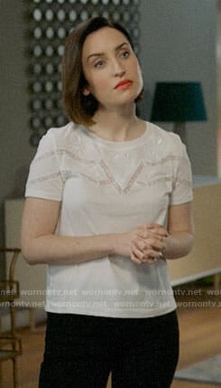 Jen's white lace inset top on Life in Pieces