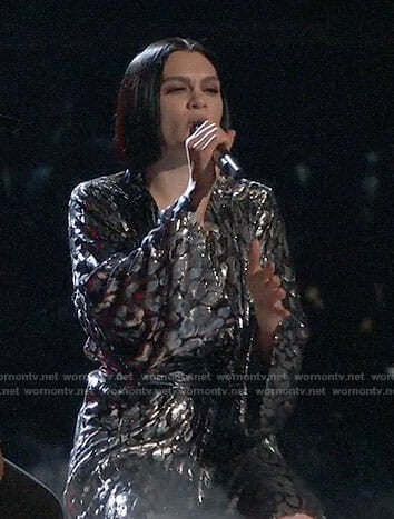 Jessie J's silver velvet wrap dress on The Voice