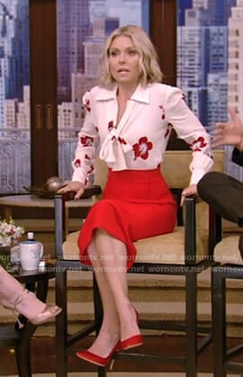 Kelly's white hibiscus print blouse and red pencil skirt on Live with Kelly and Ryan