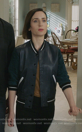 Jen's black and green varsity jacket on Life in Pieces