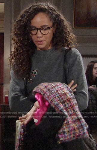 Mattie's grey embellished sweater, lace-up skirt and tweed scarf on The Young and the Restless