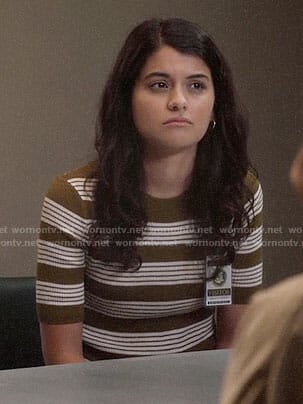 Sabrina's green top with white stripes on The Mick