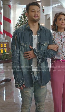 Sam's washed denim shirt and distressed jeans on Dynasty