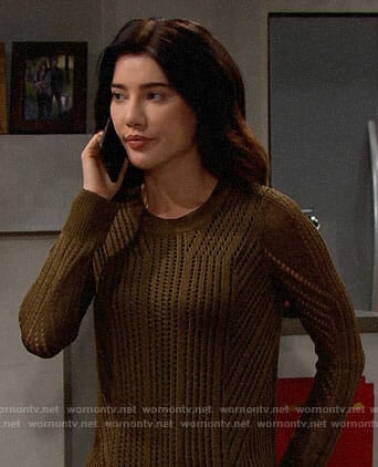 Steffy's olive green pointelle sweater on The Bold and the Beautiful