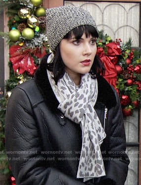 Tessa's black leather jacket and leopard print scarf on The Young and the Restless