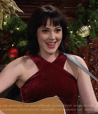 Tessa's red velvet cross-neck dress on The Young and the Restless