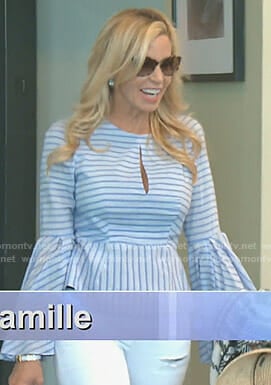 Camille's blue striped bell sleeve top on The Real Housewives of Beverly Hills