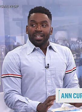 Justin's blue shirt with striped sleeves on E! News Daily Pop
