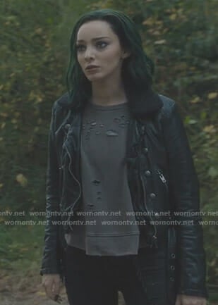 Lorna's black shearling collar moto jacket on The Gifted