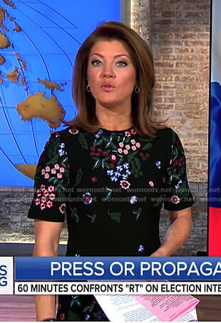 Norah's black floral short sleeve dress on CBS This Morning