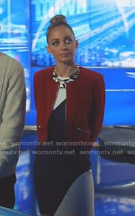 Portia's colorblock mini dress and red suede jacket on Great News