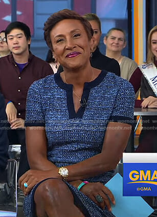 Robin's blue tweed v-neck dress on Good Morning America