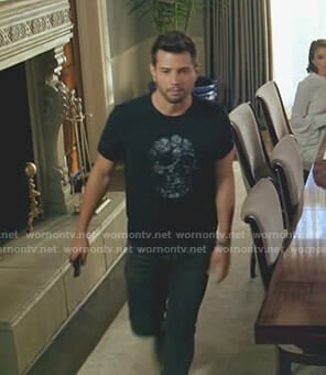 Sam's black floral skull t-shirt on Dynasty