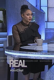 Tamera's black ruffled jumpsuit on The Real
