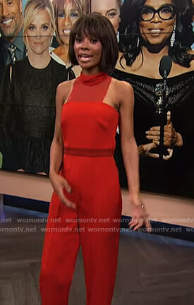 Zuri's red mockneck jumpsuit on E! News