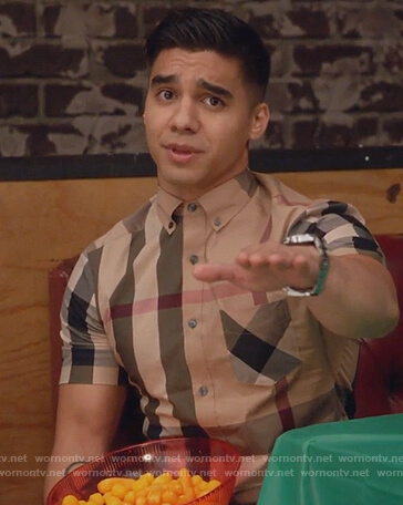 Vivek's beige checked shirt on Grown-ish