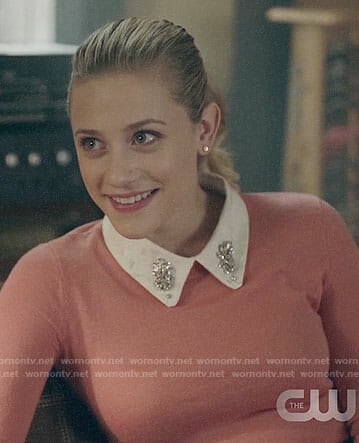 Betty's pink sweater with embellished collar on Riverdale