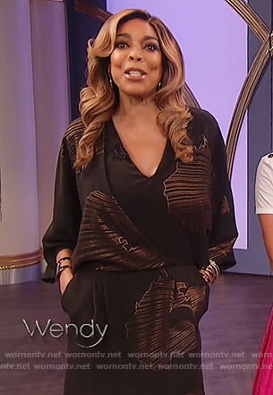 Wendy's black and gold print faux wrap dress on The Wendy Williams Show