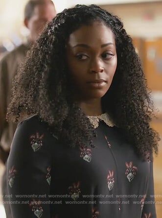 Anissa's black print long sleeve dress on Black Lightning