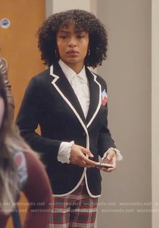 Zoey's black blazer with white contrast trim on Grown-ish