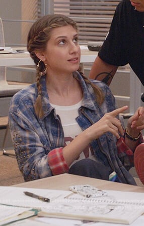 Nomi's blue plaid studded jacket on Grown-ish