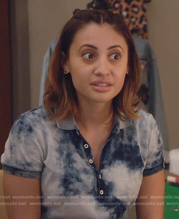 Ana's blue dye print polo shirt on Grown-ish