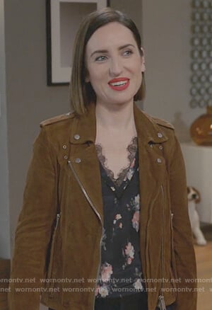 Jen's  brown suede moto jacket on Life in Pieces