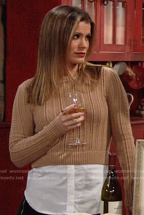 Chelsea's tan layered sweater on The Young and the Restless