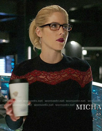 Felicity's navy dress with red lace stripe on Arrow