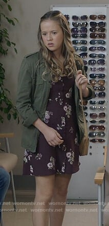 Sam's burgundy button front floral print dress on Life in Pieces