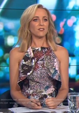 Carrie's floral print ruffle front dress on The Project