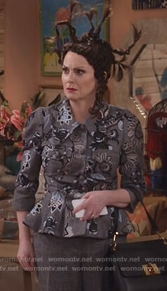 Karen's gray floral embroidered peplum jacket on Will and Grace