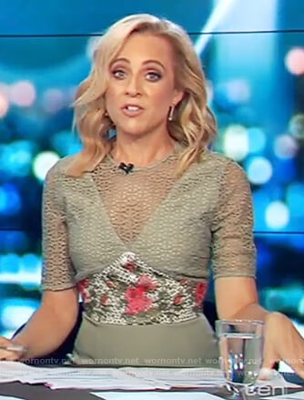 Carrie's green lace with embroidered floral dress on The Project
