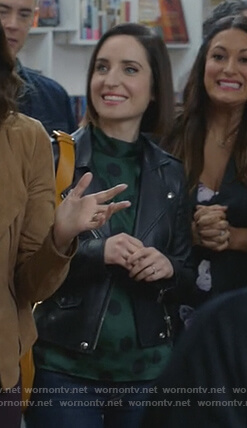 Jen's green polka dot top and moto jacket on Life in Pieces