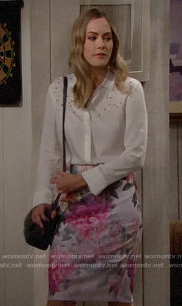 Hope's white pearl embellished top and floral skirt on The Bold and the Beautiful