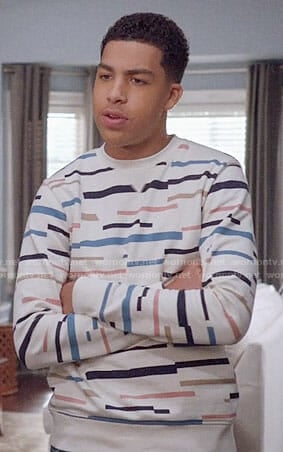 Junior's white sweatshirt with multi colored stripes on Black-ish