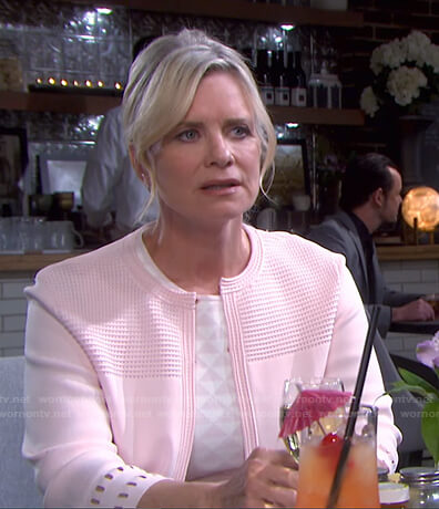 Kayla's white and pink checkerboard print dress on Days of our Lives