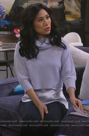 Eve's blue layered turtleneck sweater on 9JKL