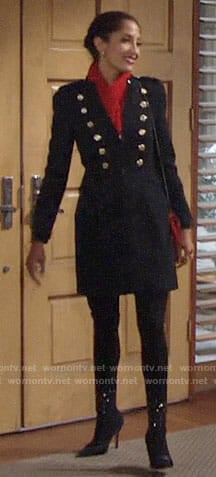 Lily's military style coat and embellished boots on The Young and the Restless