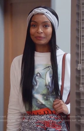 Zoey's Heron Preston bird top and printed skirt on Grown-ish