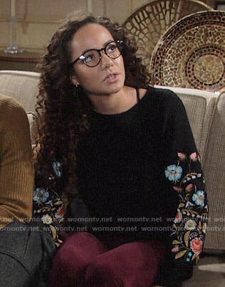 Mattie's black sweater with floral embroidered sleeves on The Young and the Restless