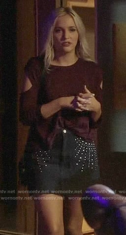 Maddie's cutout  sleeve top and studded denim skirt on Nashville