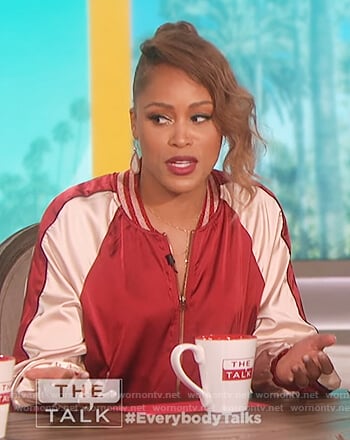 Eve's maroon zip front bomber jacket on the The Talk