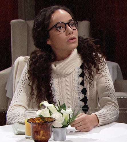 Mattie's cable knit sweater with ruffles on The Young and the Restless