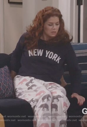 Grace's elephant PJ pants and New York sweatshirt on Will and Grace