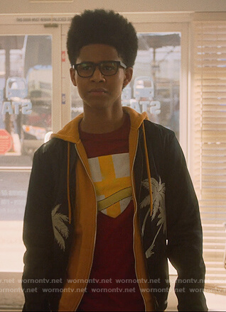 Alex's navy palm tree bomber jacket on Marvel's Runaways