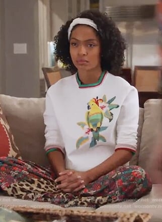 Zoey's white parrot embroidered top on Grown-ish