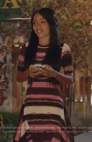 Zoey's pink striped asymmetric dress on Grown-ish