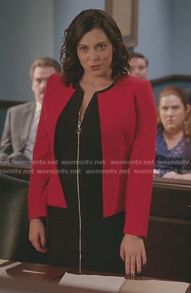 Rebecca's black zip-front dress on Crazy Ex-Girlfriend