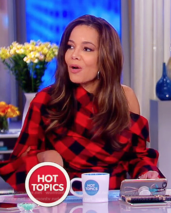 Sunny's red and black check one off shoulder top on The View